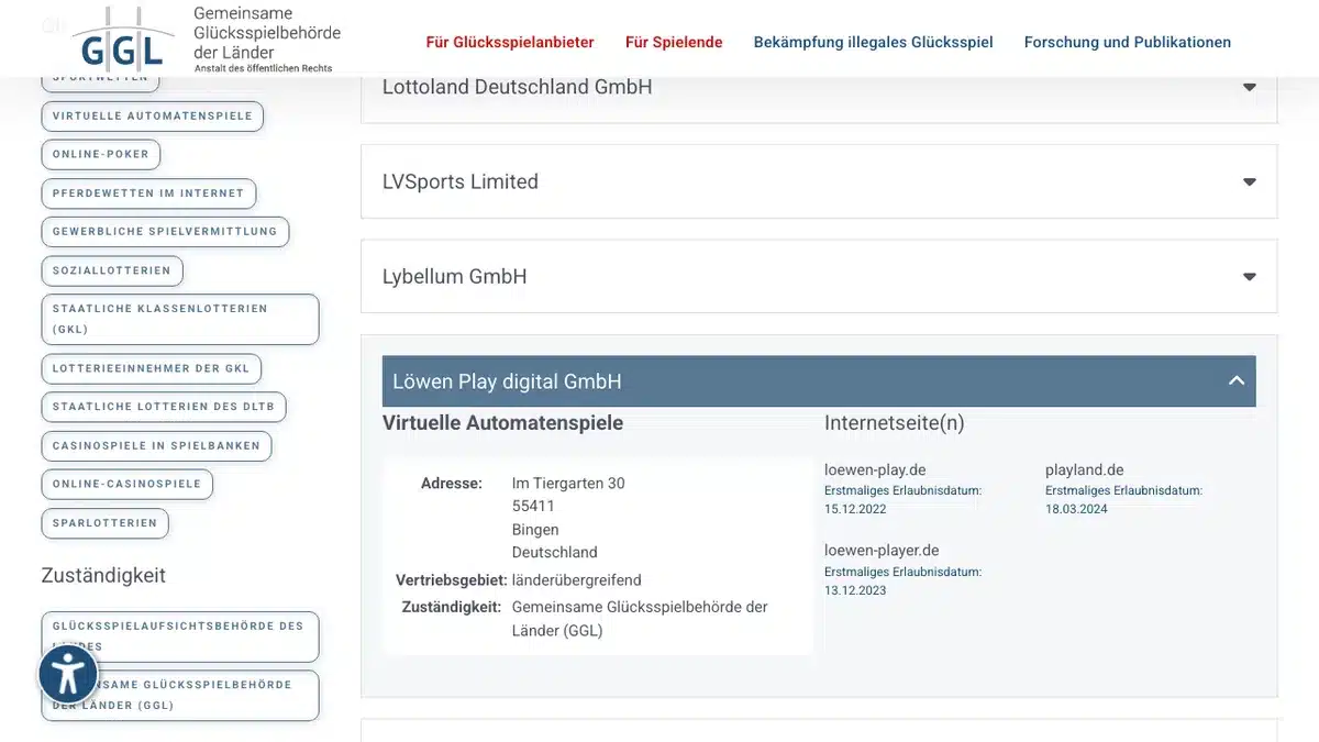 GGL-Whitelist mit LÖWEN PLAY digital GmbH und den Domains Playland, LÖWEN PLAY und LÖWEN Player