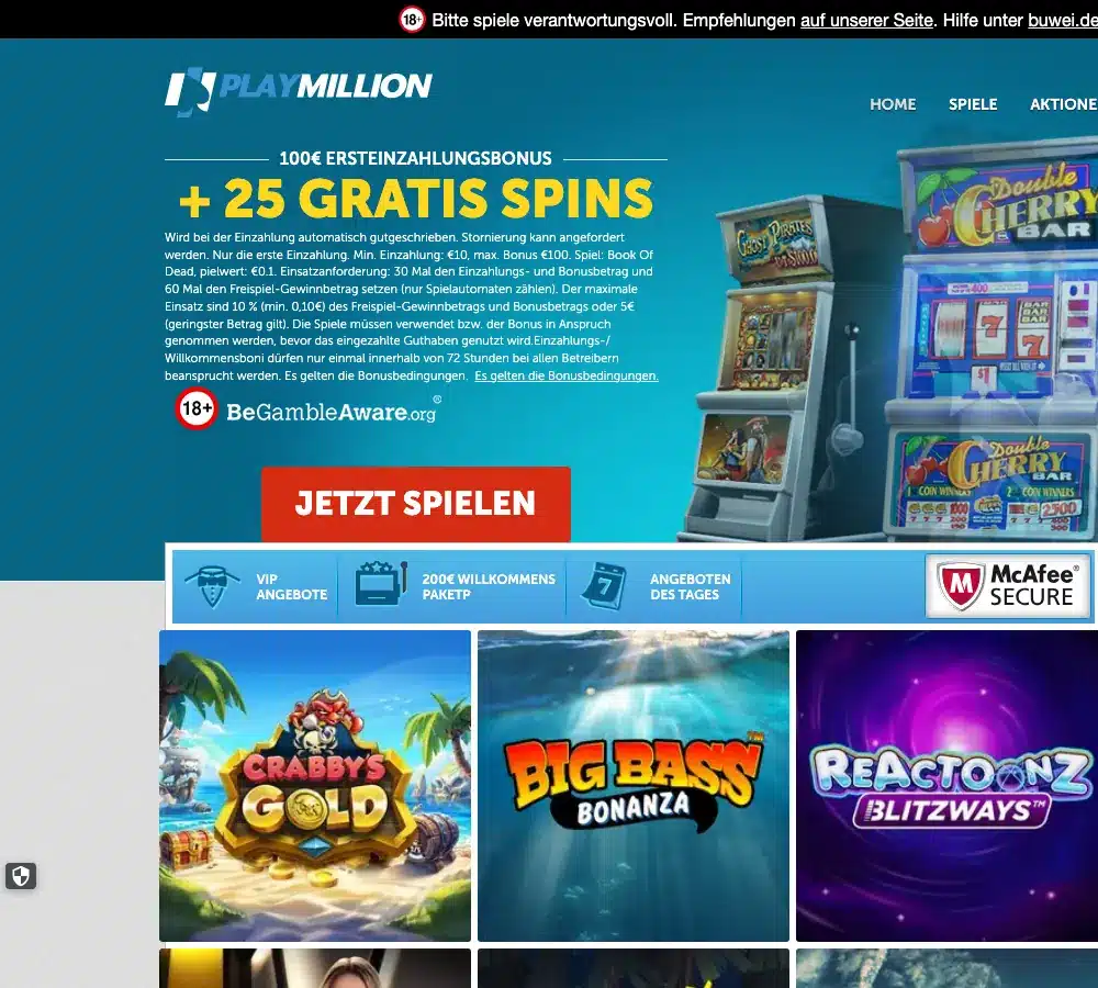 Playmillion Startseite mit deutschem Willkommensangebot im Juli 2026