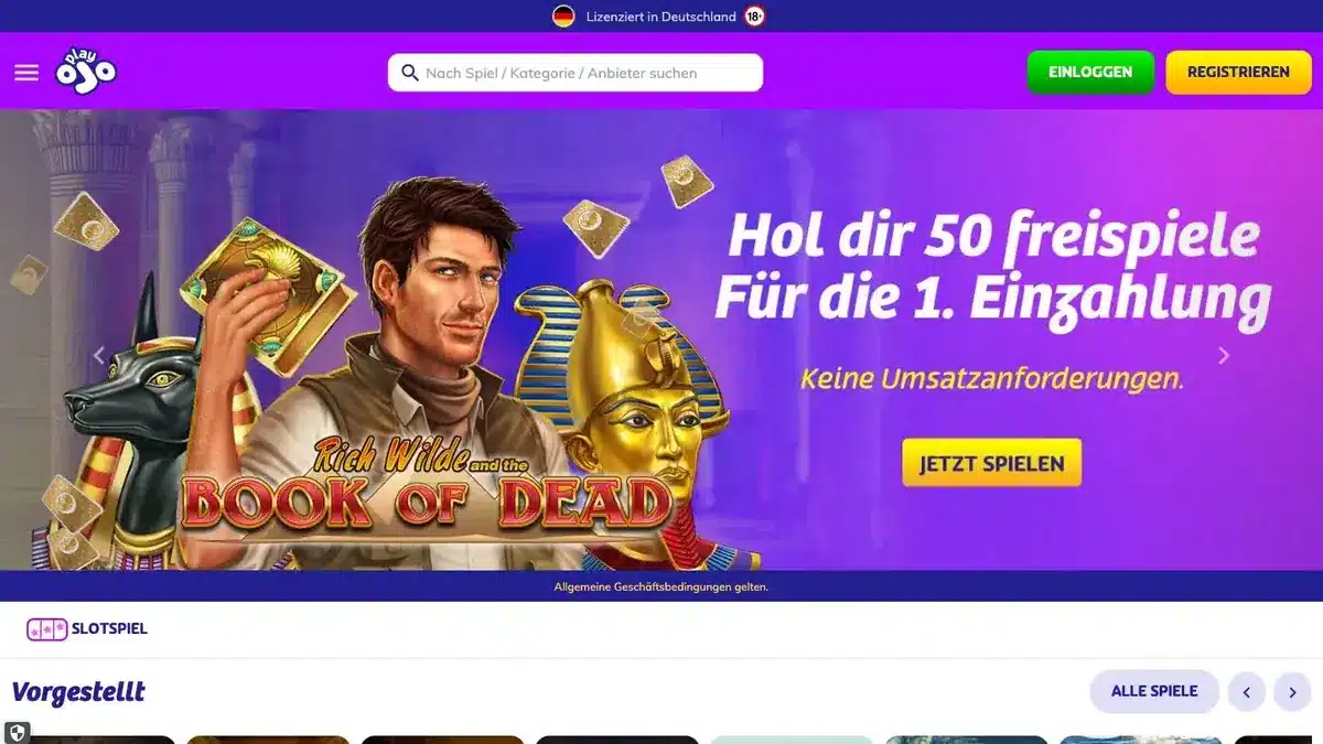 PlayOJO Startseite 2026 mit 50 Freispielen für Book of Dead