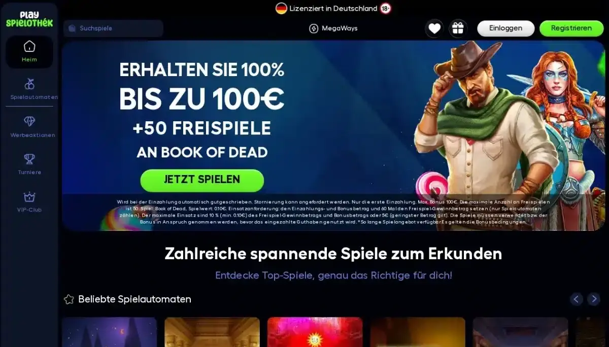 PlaySpielothek Startseite mit 100-Euro-Angebot