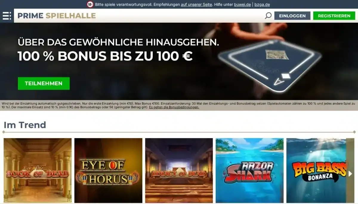 PrimeSpielhalle Startseite mit 100-Euro-Angebot