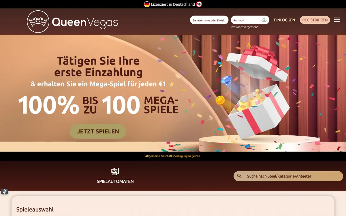 Queen Vegas Startseite mit deutschem Willkommensangebot im Juli 2026