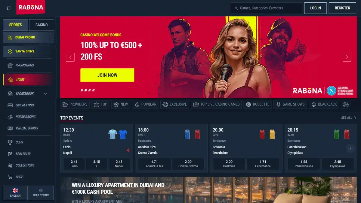 Rabona Casino Startseite mit Sportwettennavigation und Willkommensbonus