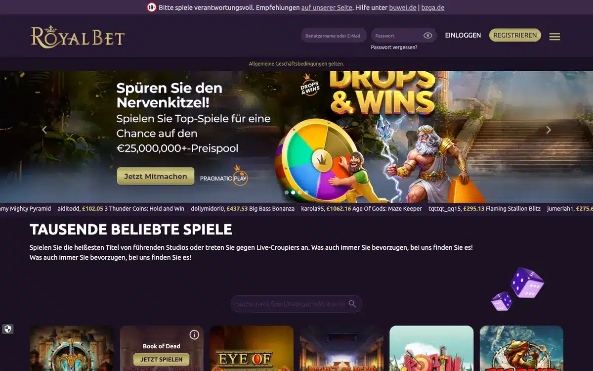 Royal Bet Startseite mit deutscher Spiele- und Aktionsnavigation im Juli 2026