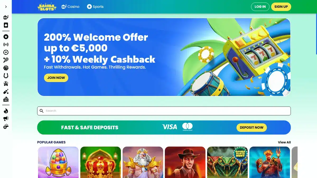 Samba Slots Casino Spielauswahl und Navigation