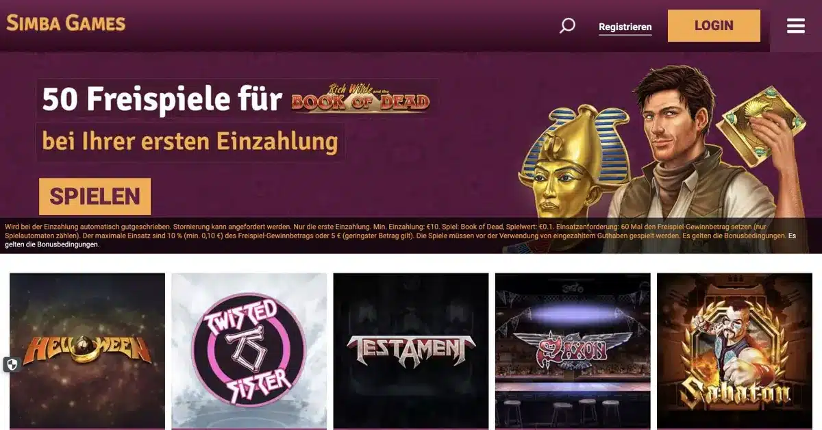 Simba Games Deutschland Lobby mit Book of Dead Angebot und Spielautomaten