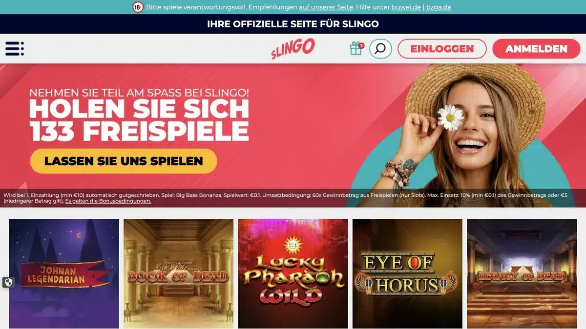 SlingoSpiel Startseite mit 133 Freispielen