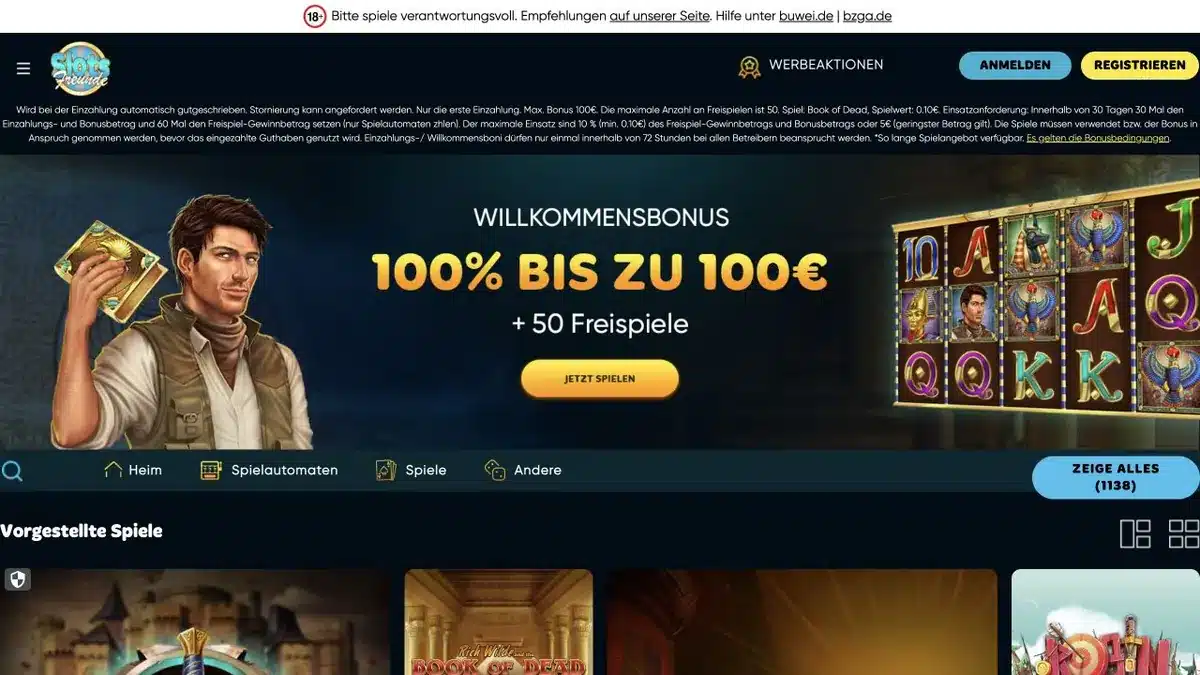 SlotsFreunde Startseite mit 100-Euro-Bonus