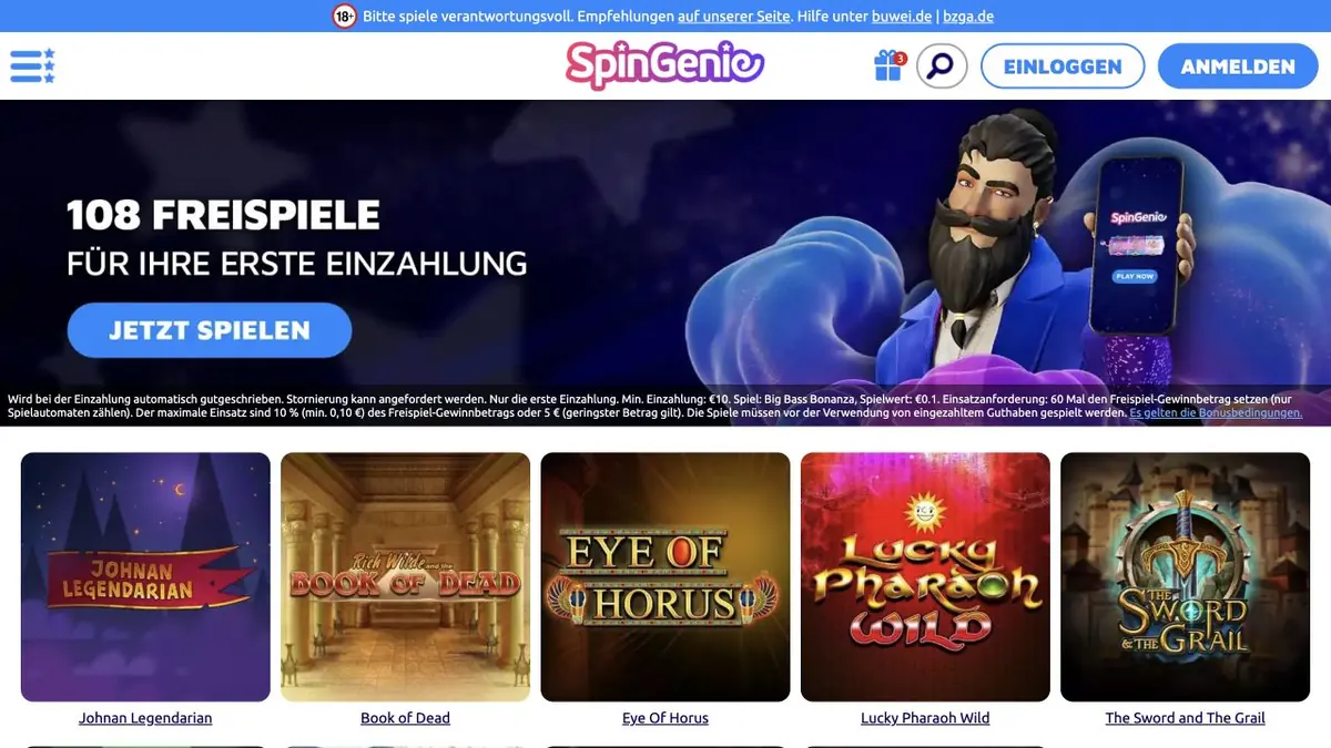 Spin Genie Startseite mit deutschem Willkommensangebot und Slot-Lobby im Juli 2026