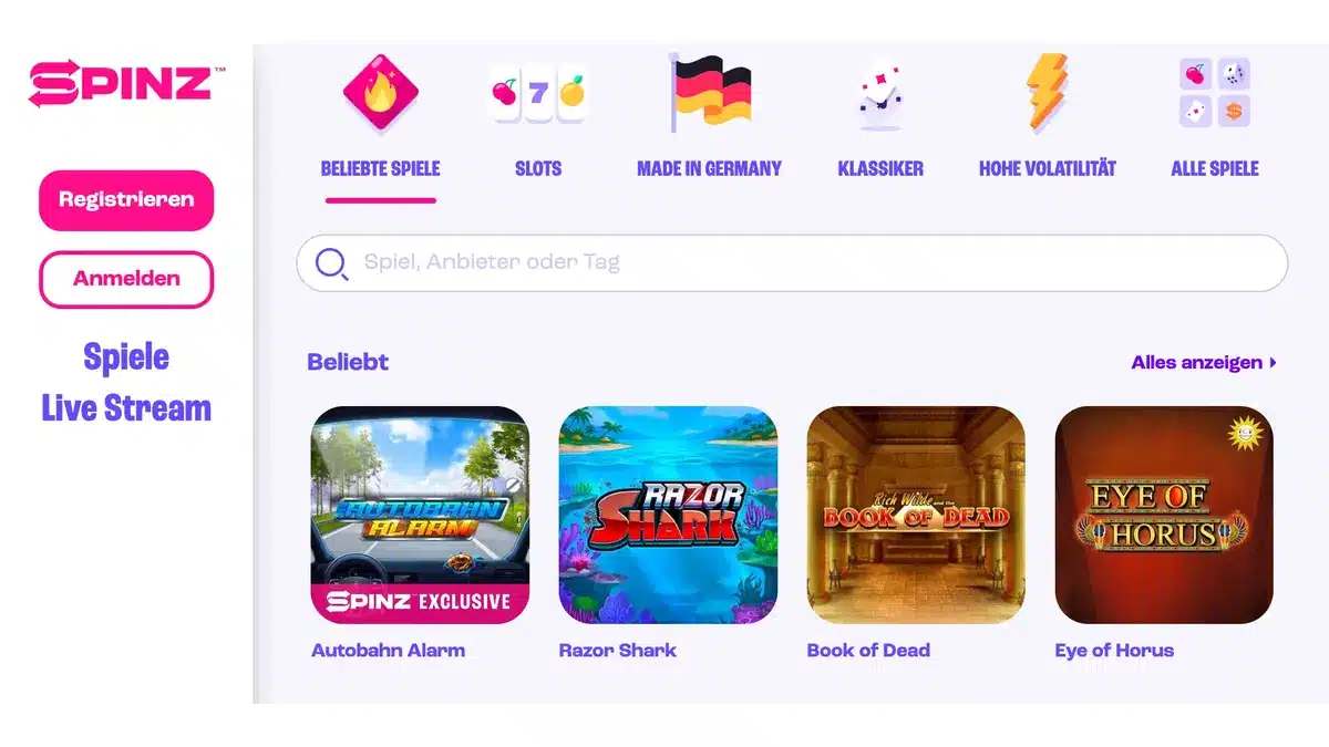 Deutsche Spinz.de Spielelobby mit Kategorien und Slots