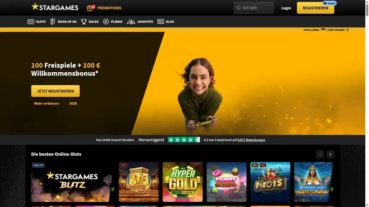 StarGames Startseite mit Willkommensbonus und aktueller Slot-Auswahl