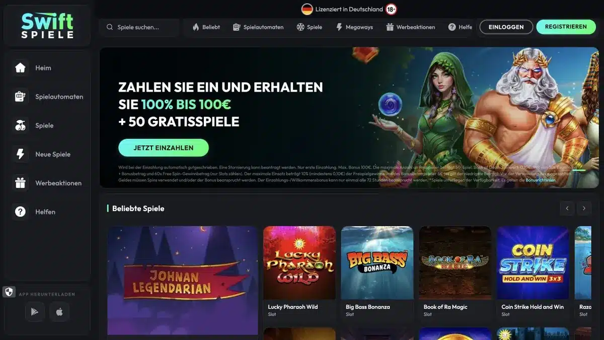 SwiftSpiele Startseite mit 100-Euro-Bonus