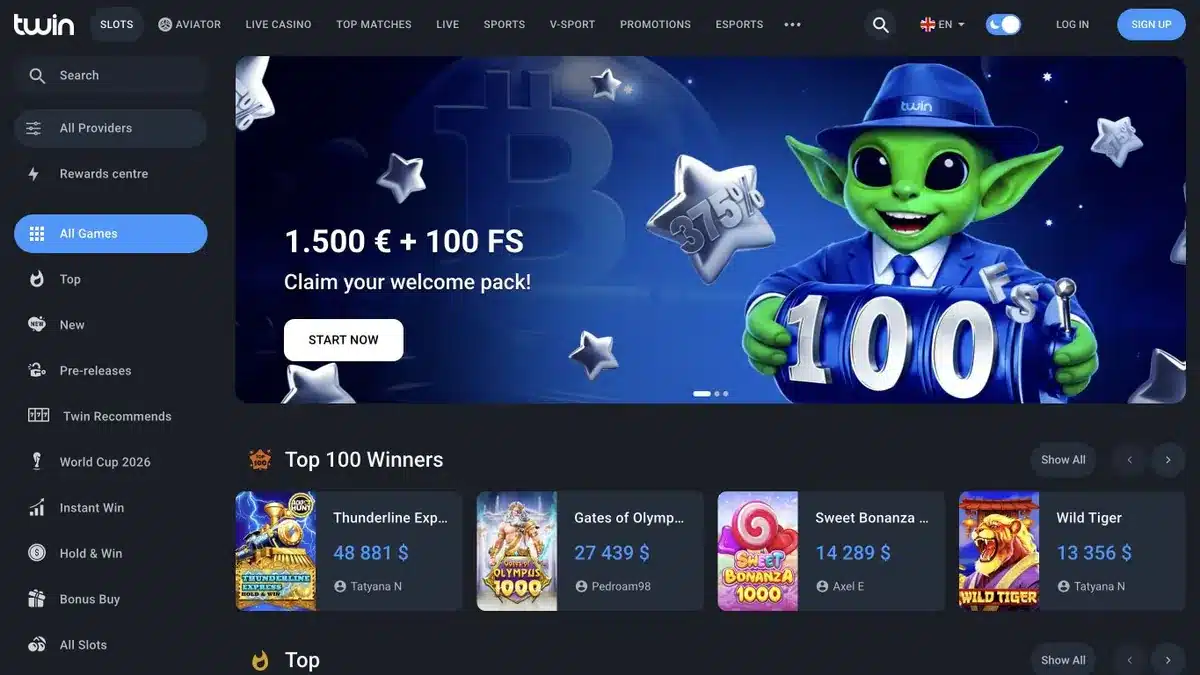 Twin Casino Oberfläche mit Willkommenspaket und Spielauswahl