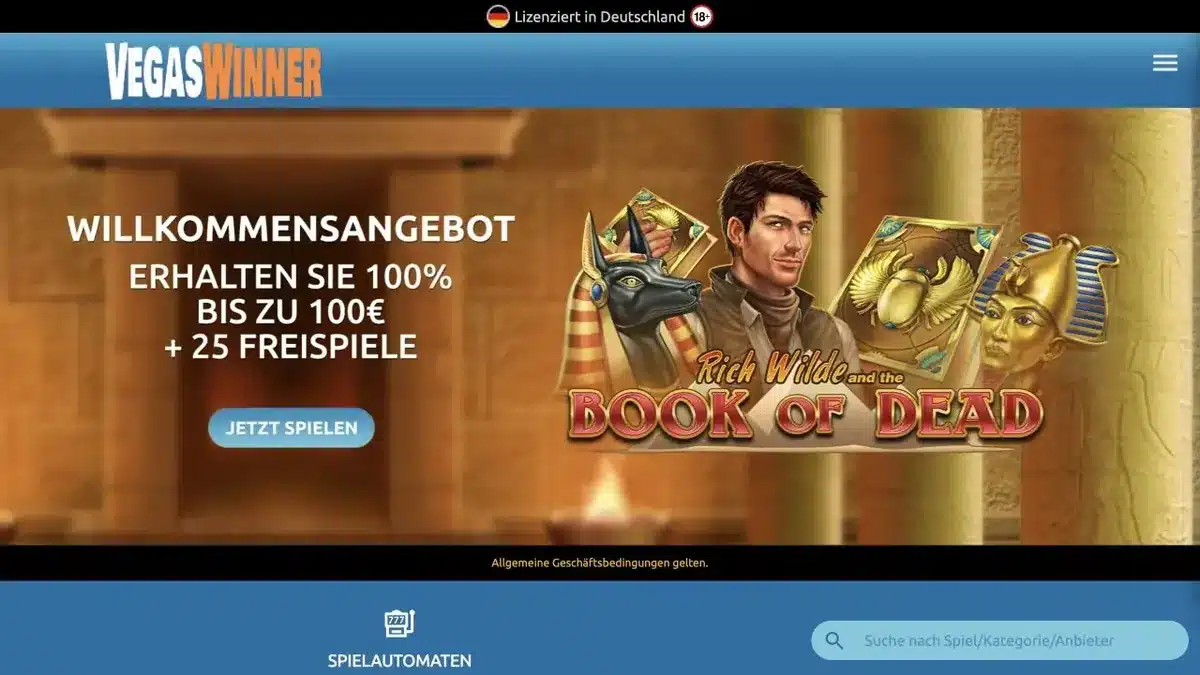 Aktuelle VegasWinner Casino Lobby auf der deutschen Website