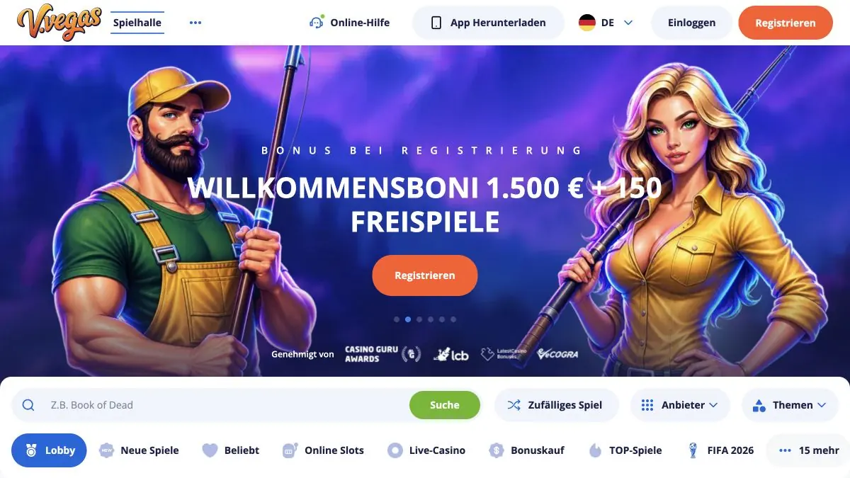 Aktuelle deutsche Vulkan Vegas Casino-Oberfläche mit Bonus und Spiele-Lobby