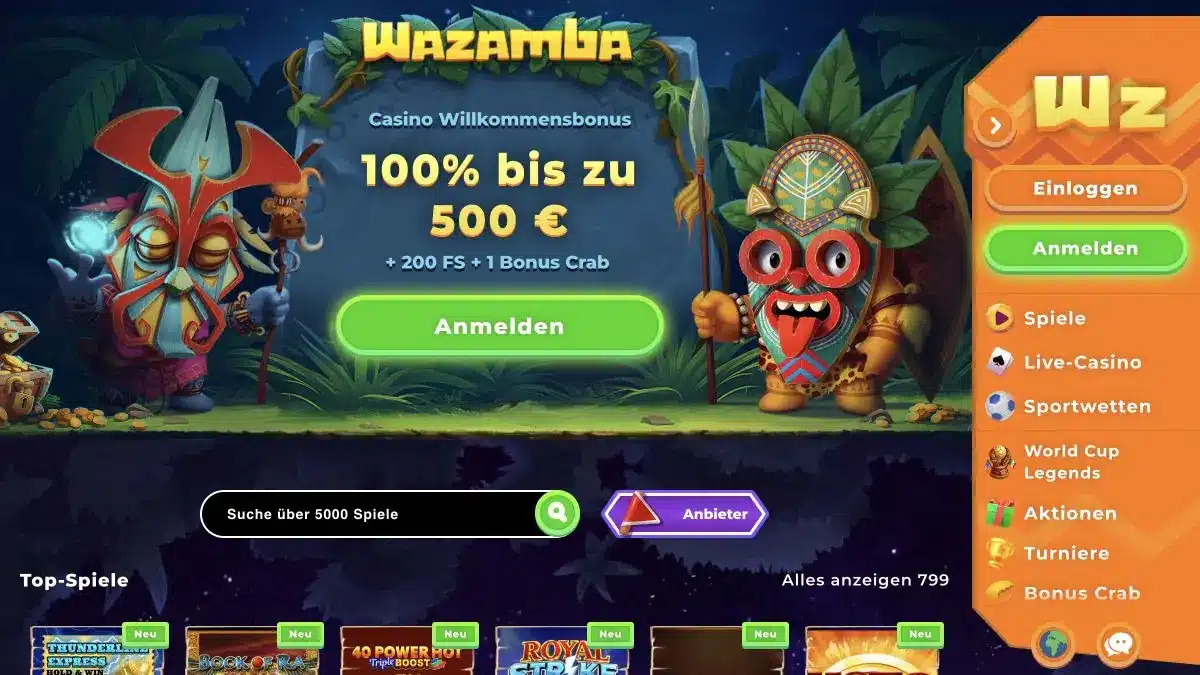Aktuelle deutsche Wazamba Casino-Oberfläche mit Bonus, Navigation und Slot-Lobby