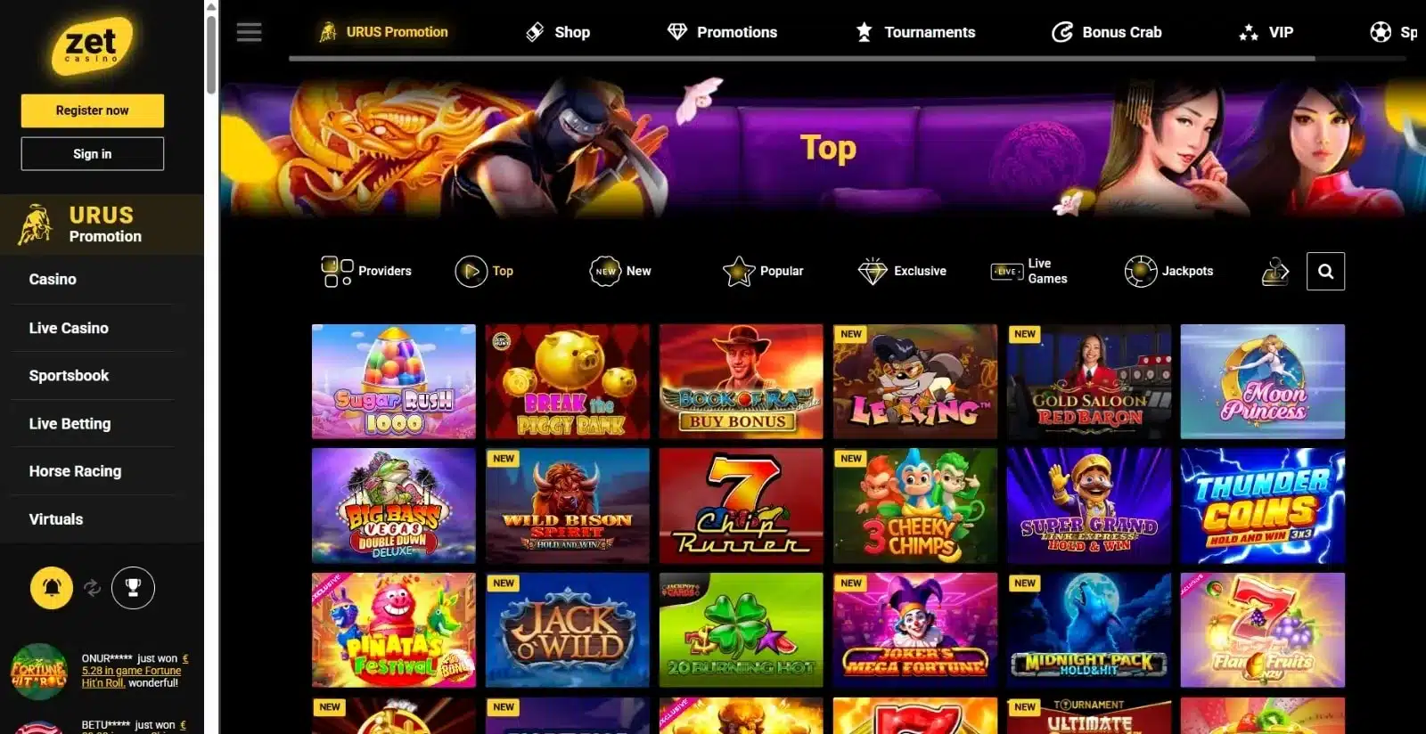Zet Casino Spielelobby mit Navigation und Slot-Auswahl