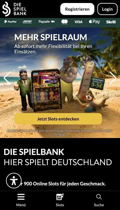 DIE SPIELBANK Startseite mit Online Slots und Zahlungsarten