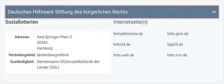 GGL Eintrag für Deutsches Hilfswerk mit fernsehlotterie.de und autorisierten Vertriebsdomains