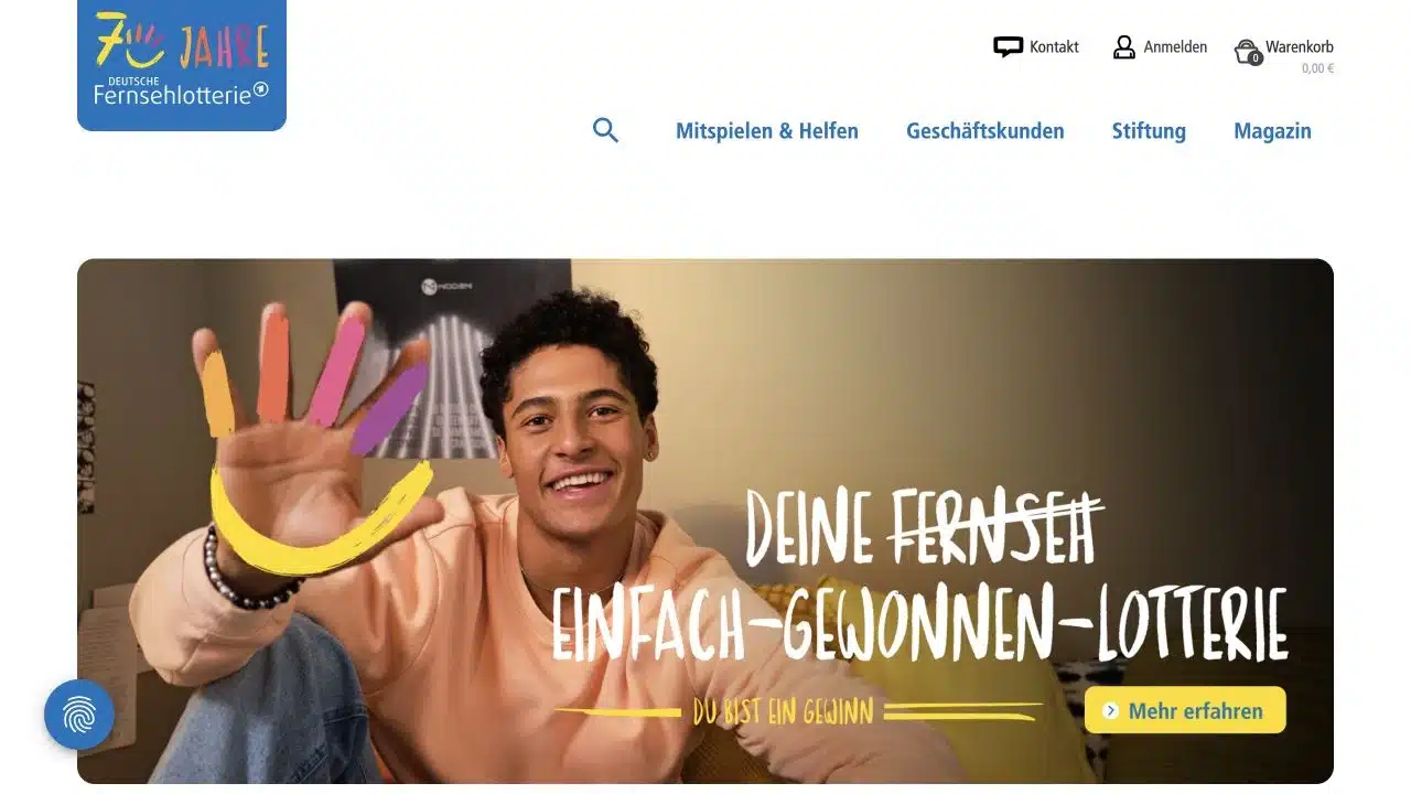 Aktuelle Deutsche Fernsehlotterie Startseite mit Mitspielen Helfen und Kundenkonto