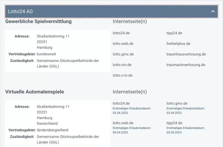 GGL Betreiberblock mit Lotto GMX und weiteren Lotto24 Domains