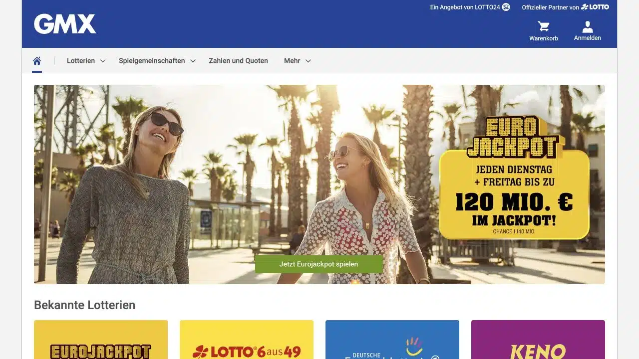 Öffentliche GMX Lotto Homepage mit Lotterien und Lotto24 Betreiberhinweis