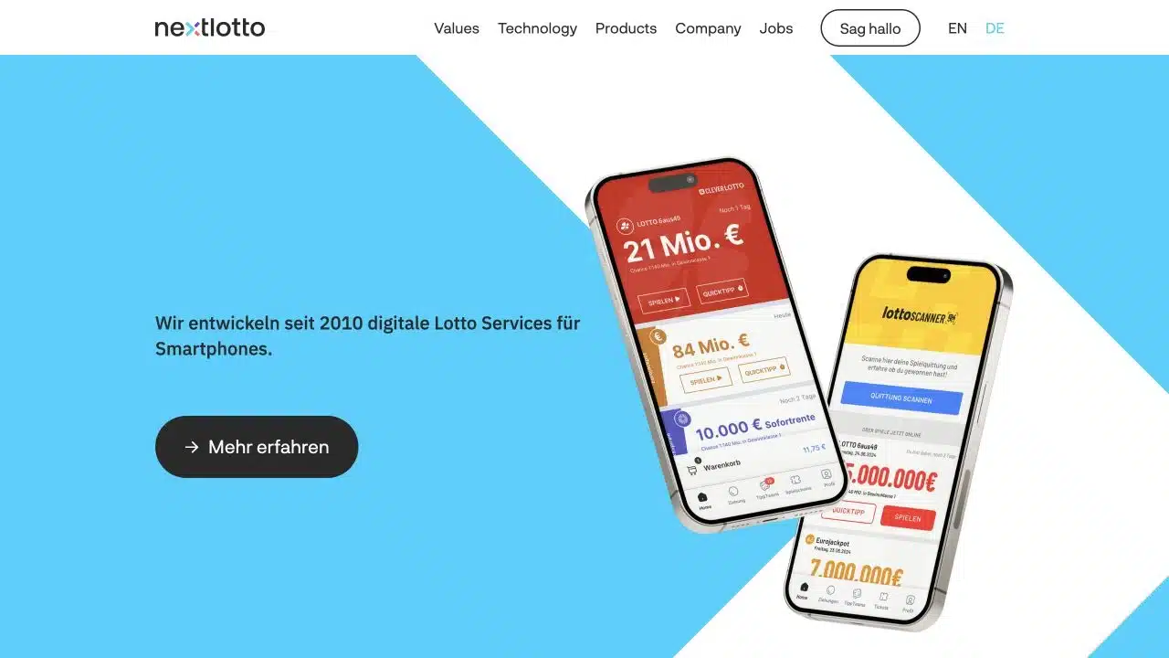 Aktuelle Nextlotto Unternehmensseite mit Clever Lotto und Lotto Scanner Apps