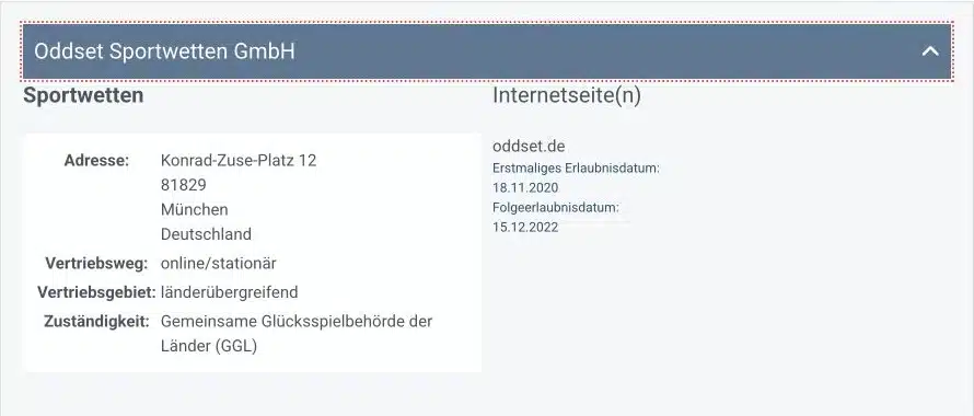 GGL Eintrag für Oddset Sportwetten GmbH und oddset.de