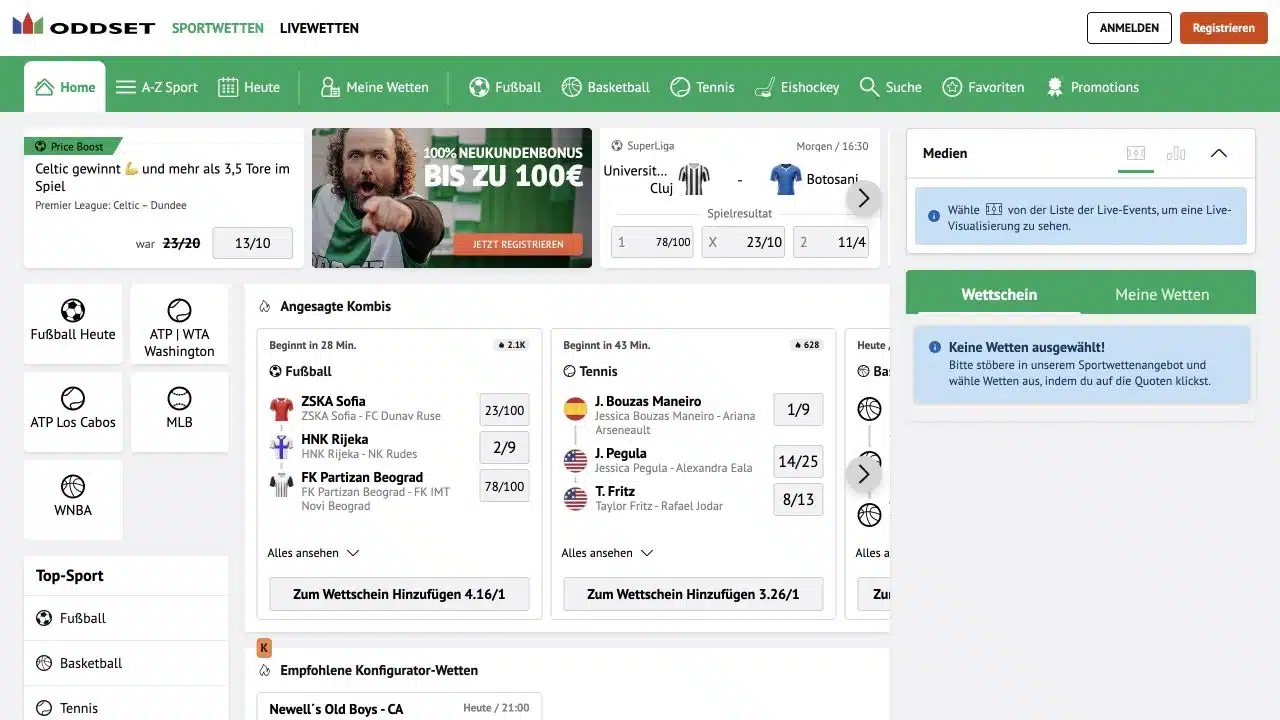 Aktuelle Oddset Sportwetten Startseite mit Wettmärkten und Wettschein