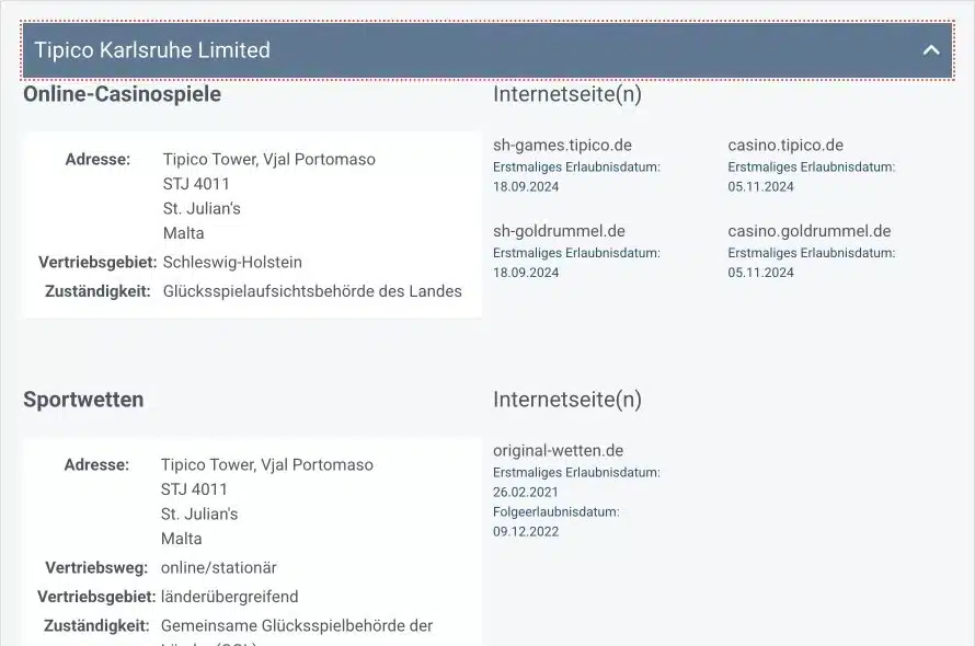 Tipico Karlsruhe Limited GGL Betreiberblock mit Original Wetten
