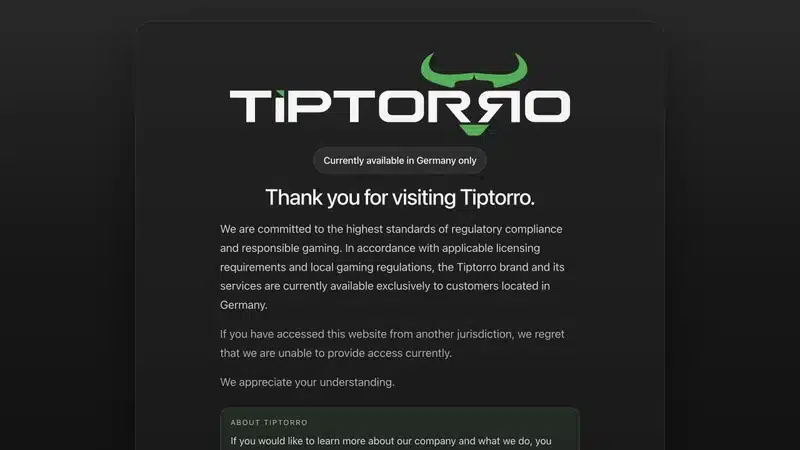 Tiptorro Standortseite mit Hinweis auf Verfügbarkeit in Deutschland