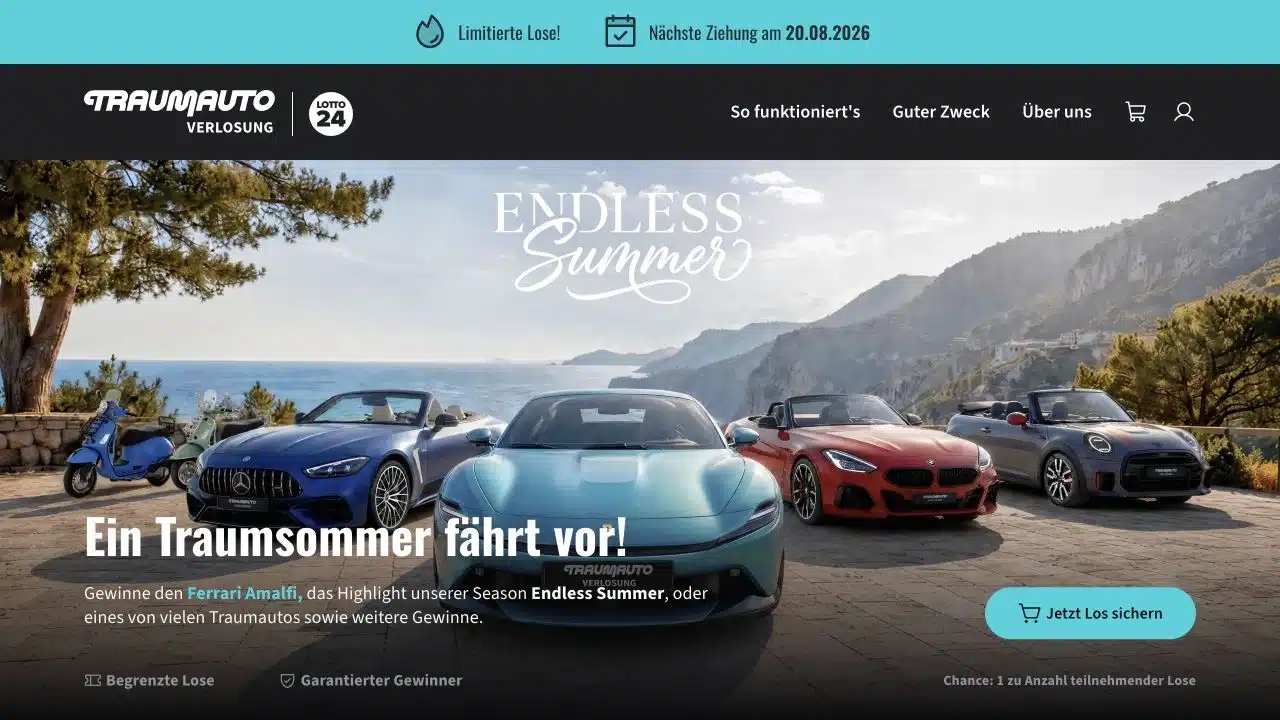 Aktuelle Traumautoverlosung Endless Summer Startseite mit Ferrari Mercedes MINI und Vespa