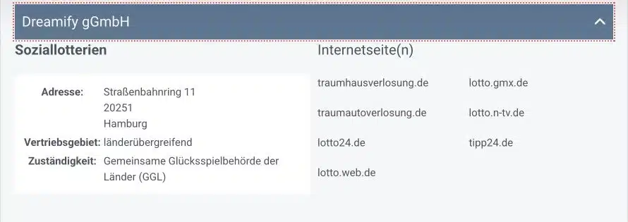 GGL Eintrag für Dreamify mit Traumhausverlosung und autorisierten Vertriebsdomains