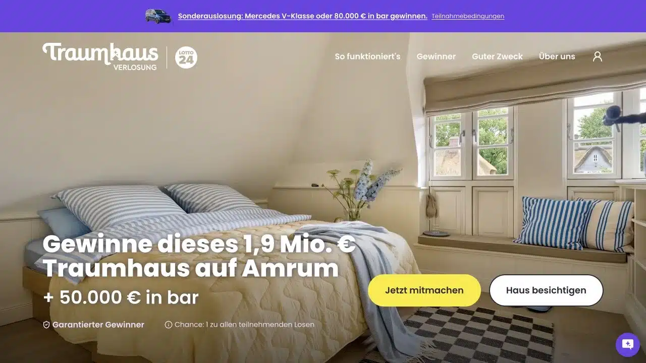 Aktuelle Traumhausverlosung Startseite mit Amrum Haus und 50000 Euro