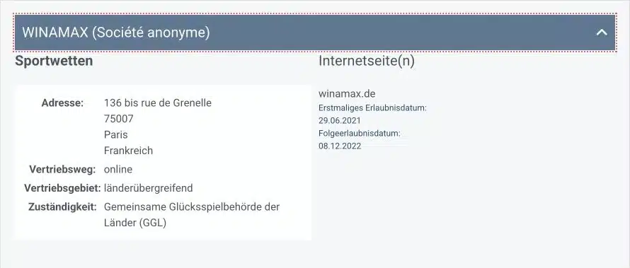 GGL Eintrag für WINAMAX Société anonyme und winamax.de
