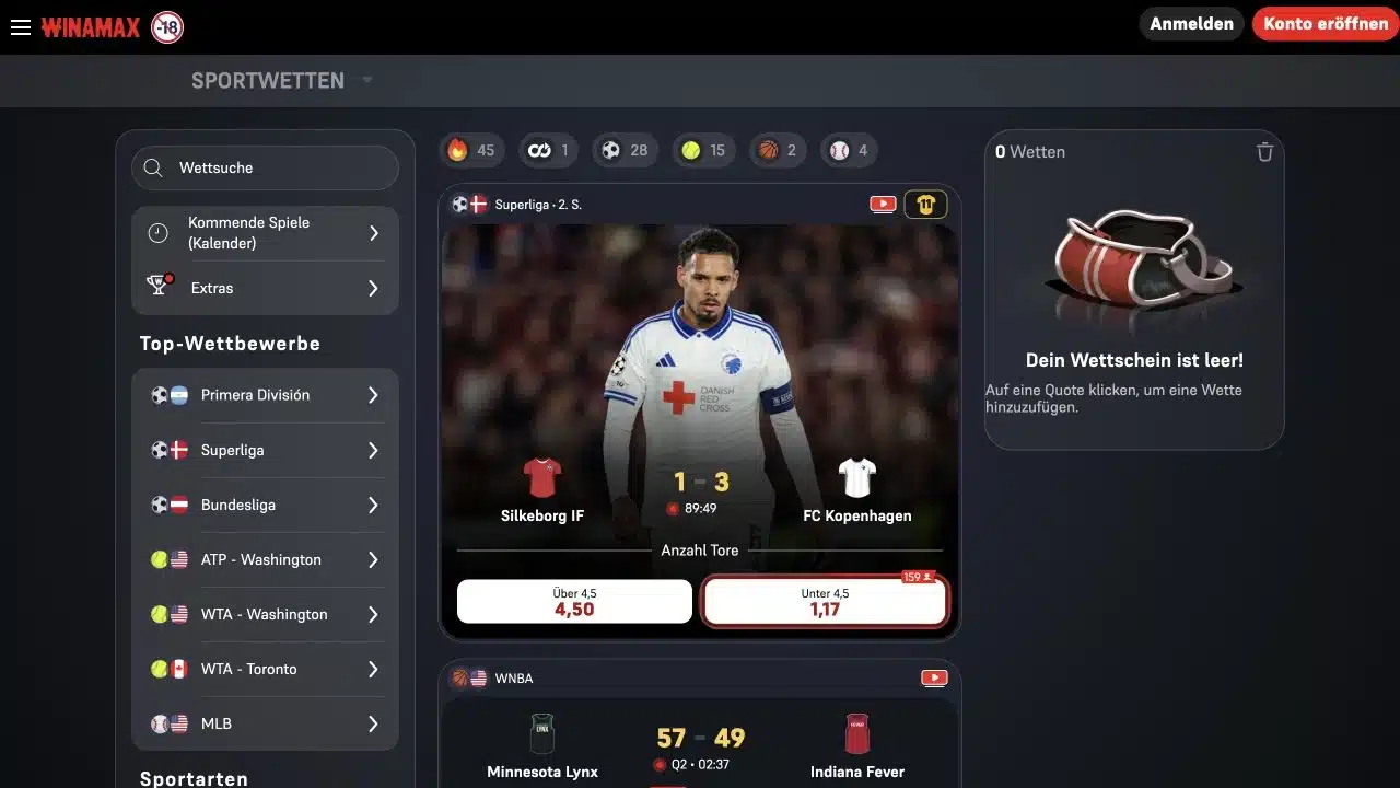 Aktuelle deutsche Winamax Sportwetten Oberfläche mit Live Märkten und Wettschein