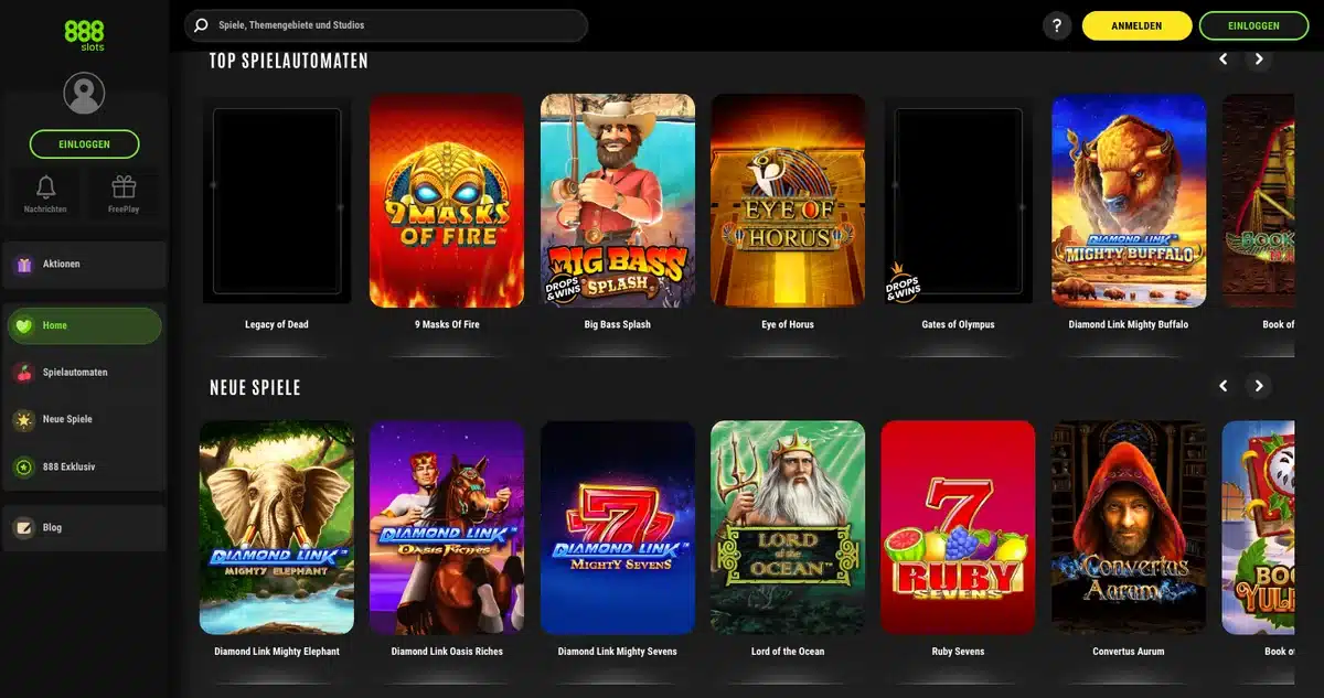 Startseite von 888slots.de mit den Bereichen Top Spielautomaten und Neue Spiele