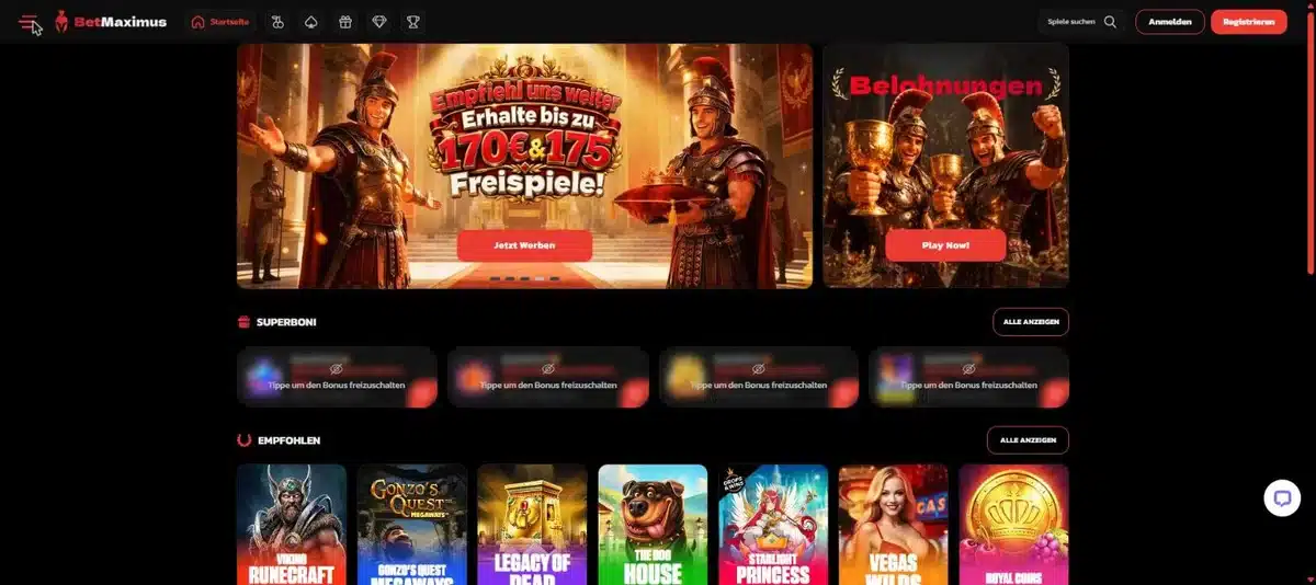 BetMaximus Startseite auf Deutsch mit Gladiatoren-Design, Superboni und Spielen