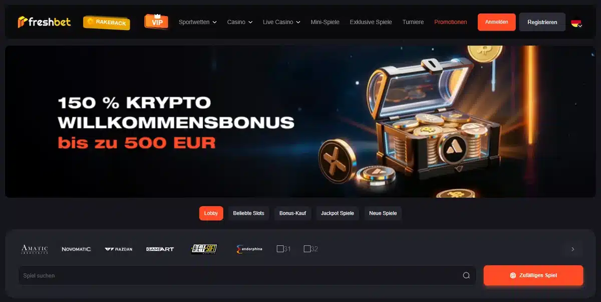 Freshbet Casino-Lobby auf Deutsch mit Krypto-Willkommensbonus und Spieleanbietern