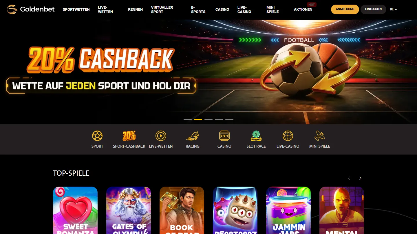 Goldenbet Startseite auf Deutsch mit 20 % Sport-Cashback und Top-Spielen