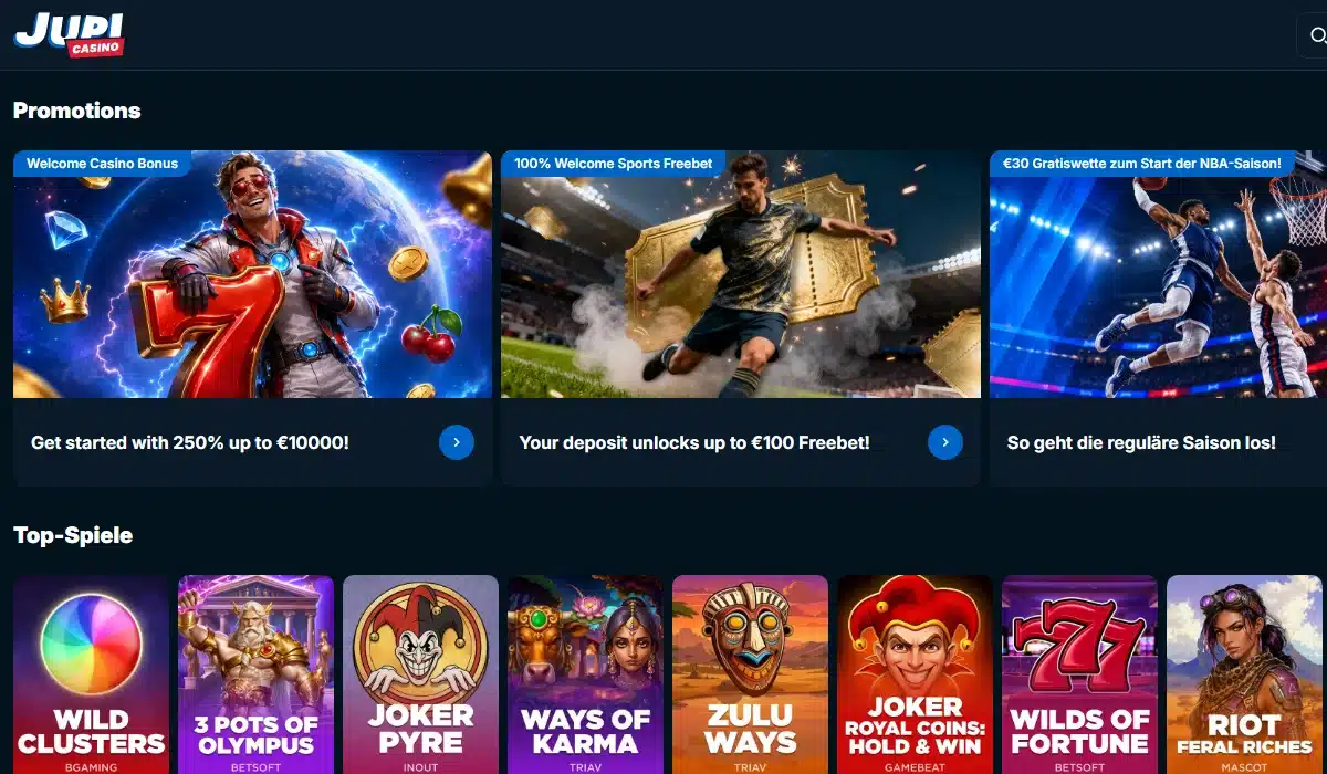 Jupi Casino Startseite auf Deutsch mit Willkommensbonus 250 Prozent bis 10000 Euro auf Englisch