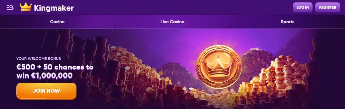 Kingmaker Startseite mit Willkommensbonus 500 Euro und 50 Chancen auf 1.000.000 Euro