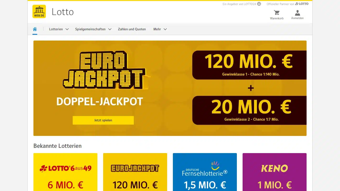 WEB.DE Lotto Startseite mit Eurojackpot-Doppeljackpot und bekannten Lotterien