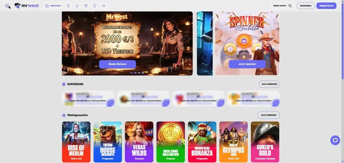 MrWest Startseite auf Deutsch mit Willkommenspaket bis zu 2000 Euro und 750 Freispielen