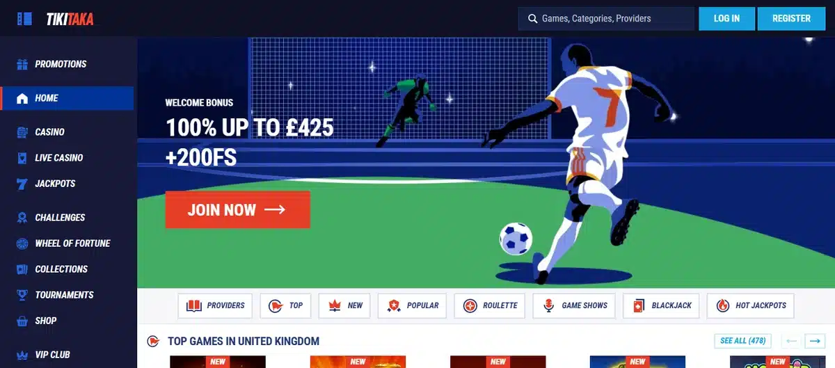 Tikitaka Startseite mit Willkommensbonus in Pfund und Top-Spielen für Großbritannien