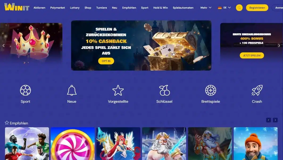Winit Startseite auf Deutsch mit 400 % Bonus, 10 % Cashback und Spielkategorien