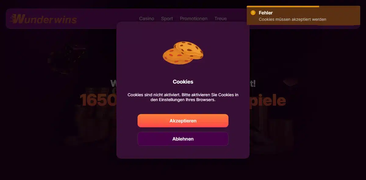 WunderWins deutsche Startseite mit Cookie-Hinweis und Fehlermeldung Cookies müssen akzeptiert werden
